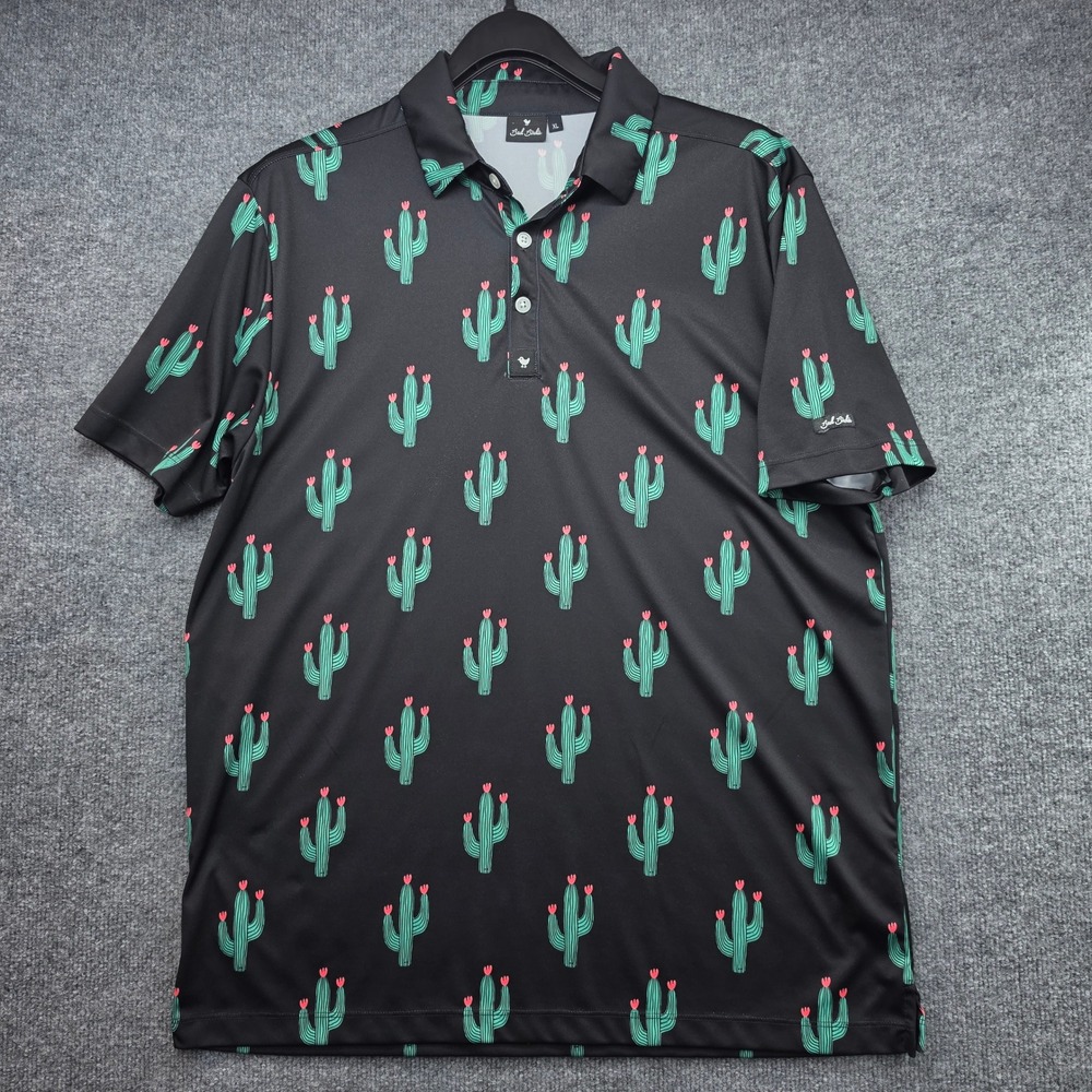 Bad Birdie Mens XL Cactus Print Golf Polo Shirt Black Short Sleeve Performance‎
